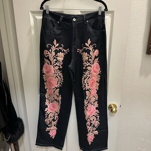 Black Pants with Pink Floral Embroidery 30”waist Medium